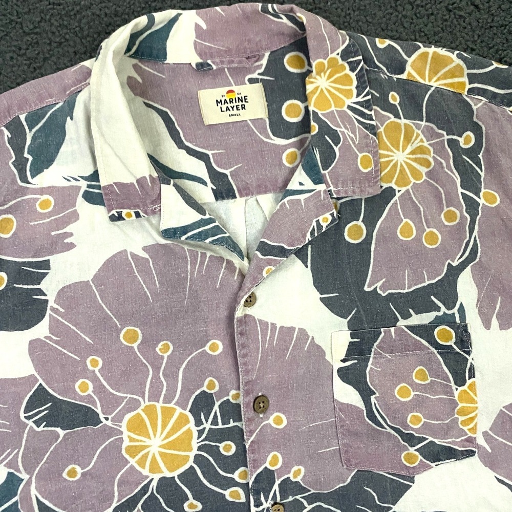 Marine Layer Shirt Mens Small Hawaiian Camp Collar Linen Blend Floral Aloha